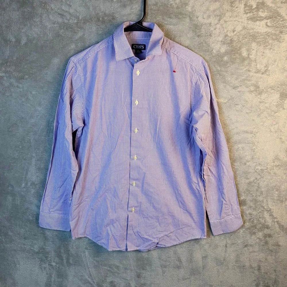 Chaps Boys Large 14-16 Button Down Shirt Purple White Gingham Long Sleeve